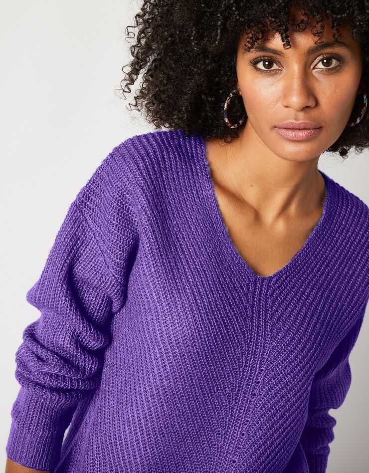Pull col V, maille anglaise toucher mohair (violet) Pull col V, maille anglaise toucher mohair (violet)