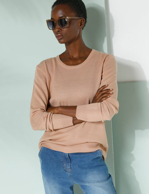 Pull col rond uni, manches longues, toucher doux (beige)