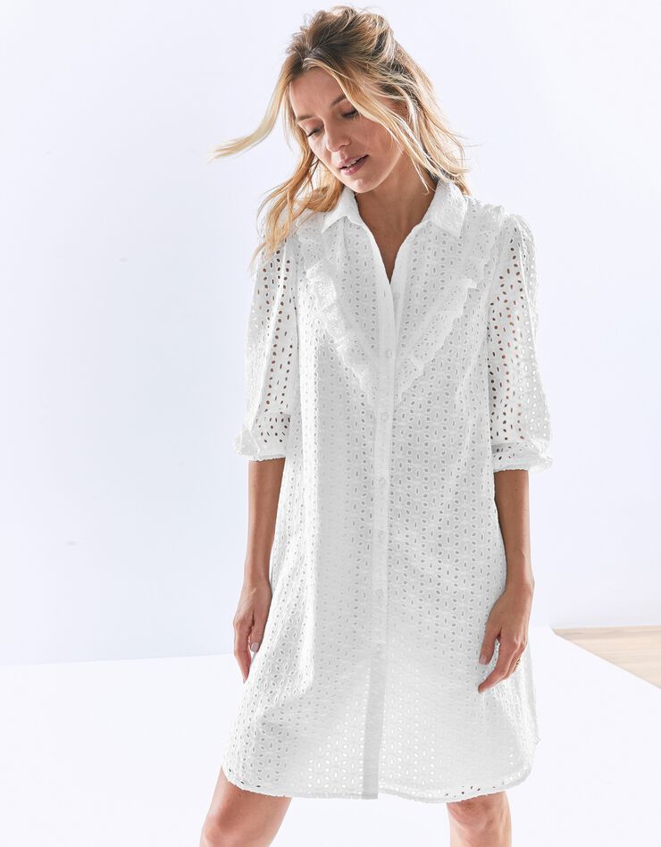Robe chemisier boutonnée volantée, broderie anglaise (blanc) Robe chemisier boutonnée volantée, broderie anglaise (blanc)