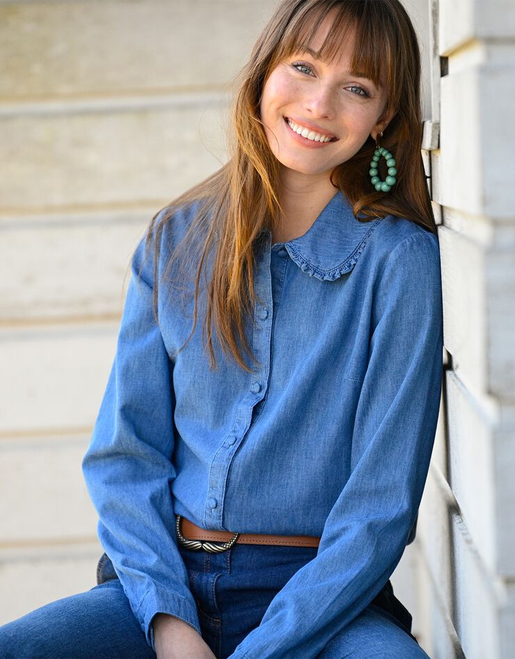 Blouse boutonnée col claudine volanté, jean (bleached) Blouse boutonnée col claudine volanté, jean (bleached)