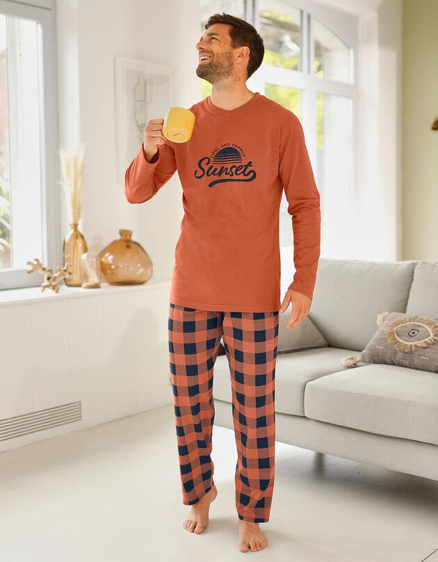Pyjama coton carreaux manches longues (abricot)
