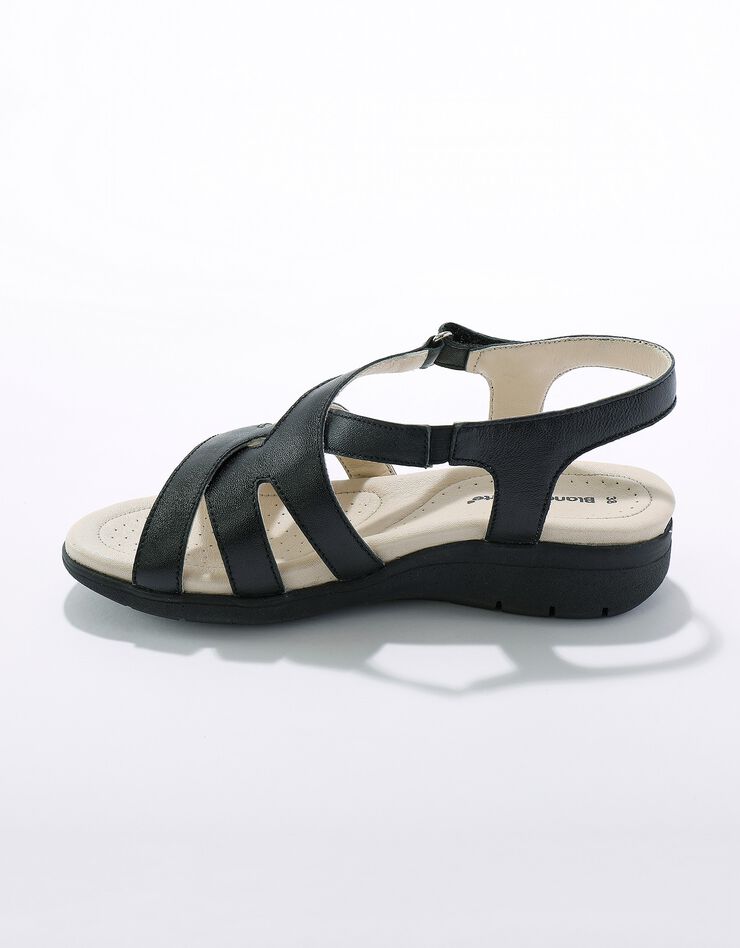Sandales compensées confort en cuir à bride scratchée (noir) Sandales compensées confort en cuir à bride scratchée (noir)