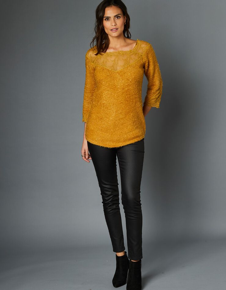 Pull maille douceur dentelle manches 3/4 (safran) Pull maille douceur dentelle manches 3/4 (safran)