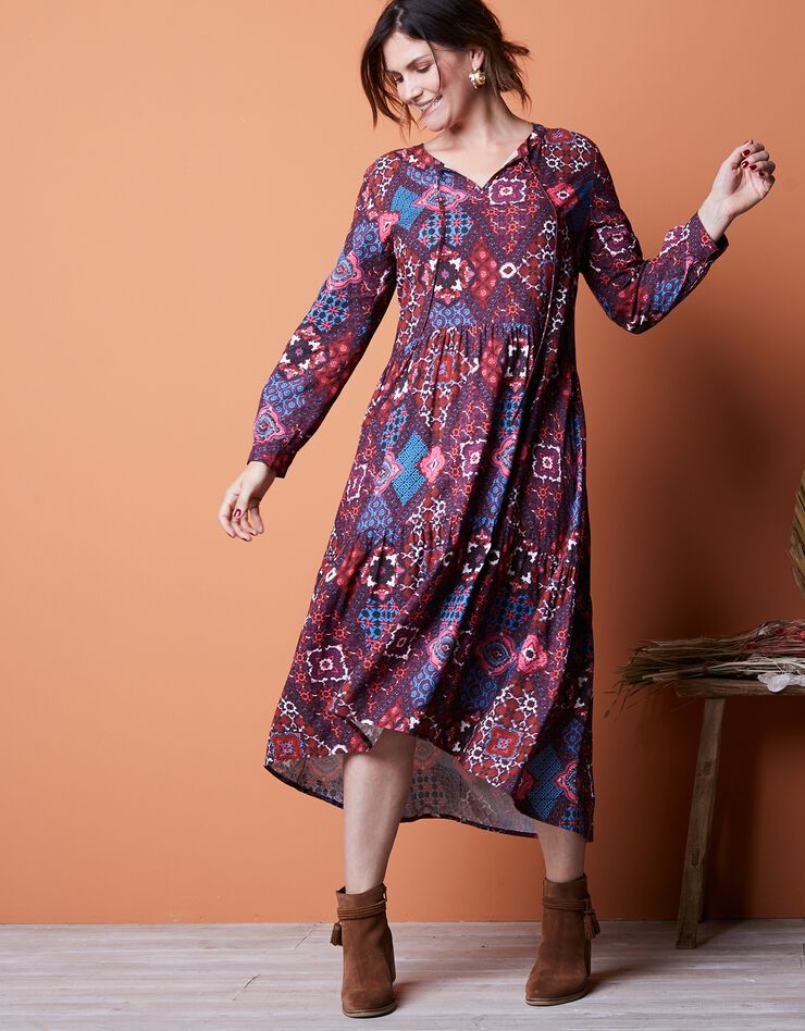 Robe longue imprimé patchwork – manches longues (terracotta / bleu) Robe longue imprimé patchwork – manches longues (terracotta / bleu)