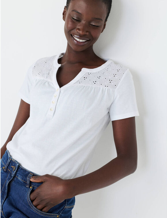 T-shirt col tunisien manches courtes, broderie anglaise (blanc)