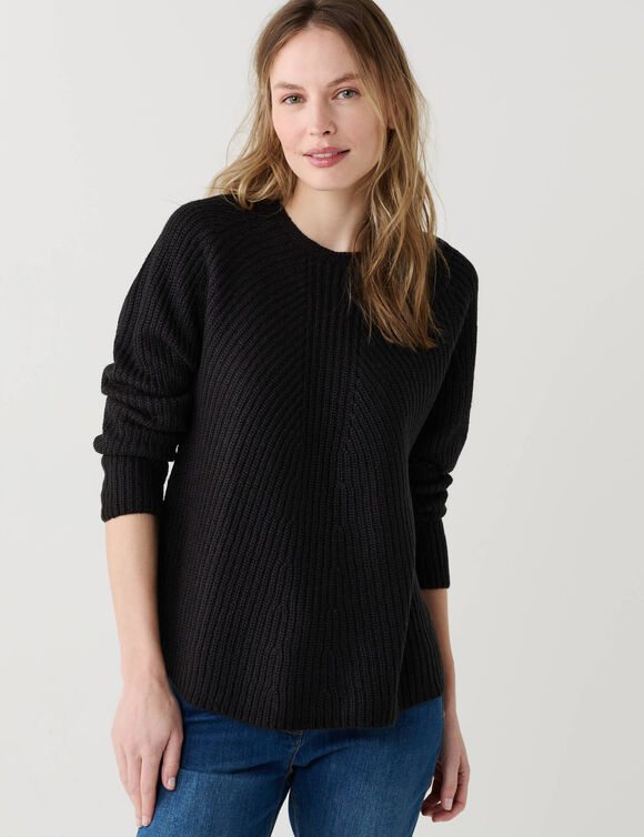 Pull &eacute;vas&eacute; col rond &agrave; c&ocirc;tes en biais, maille anglaise (noir)