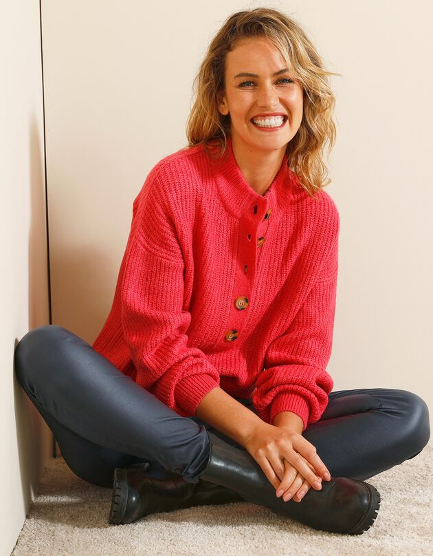 Pull col boutonné maille anglaise  (fuchsia)