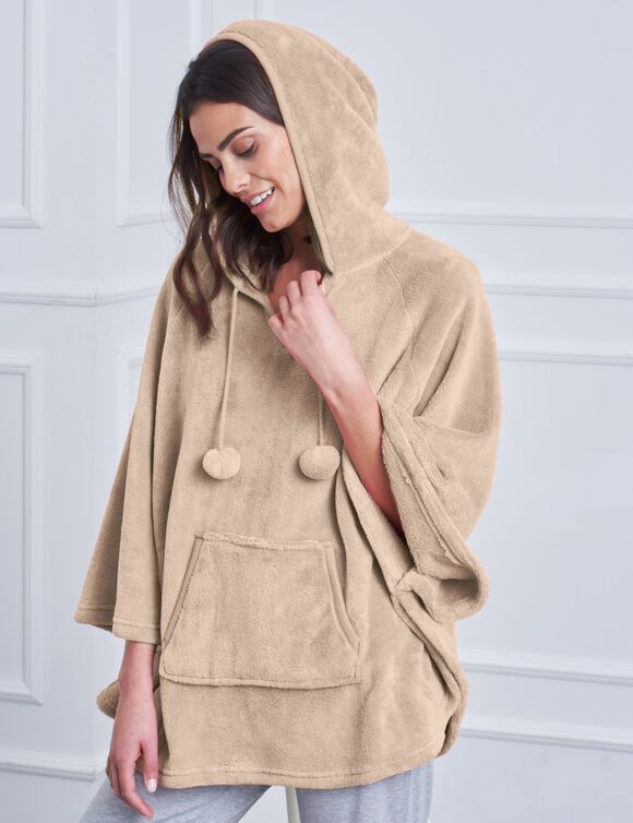 Poncho à capuche, maille polaire toucher peluche (beige)