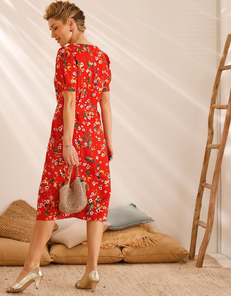 Robe col carré imprimée fleurs, crêpe (rouge / blanc) Robe col carré imprimée fleurs, crêpe (rouge / blanc)