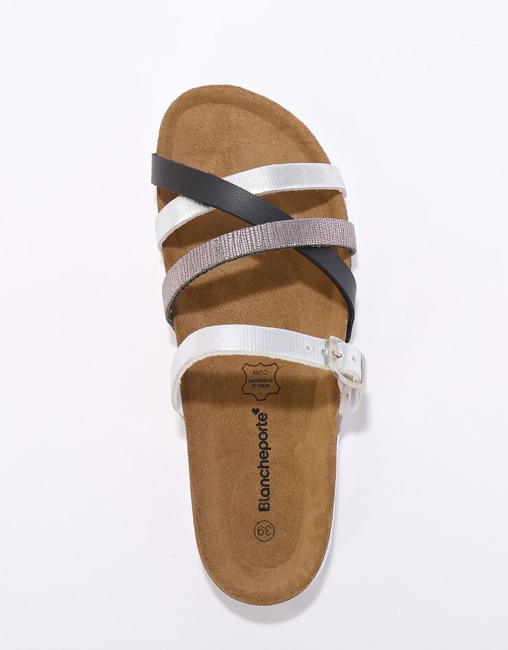 Mules compensées multibrides à boucle réglable semelle liège (noir / argenté)