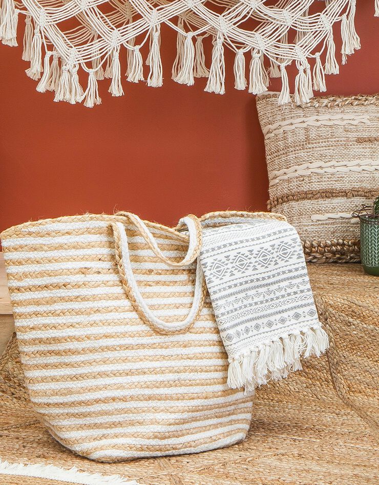 Panier rayé jute véritable et corde tressée (blanc)
