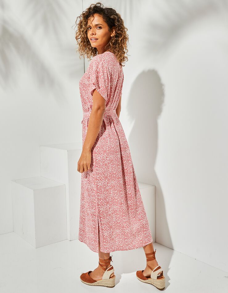 Robe droite longue fluide manches courtes, imprimé (bois de rose / blanc)