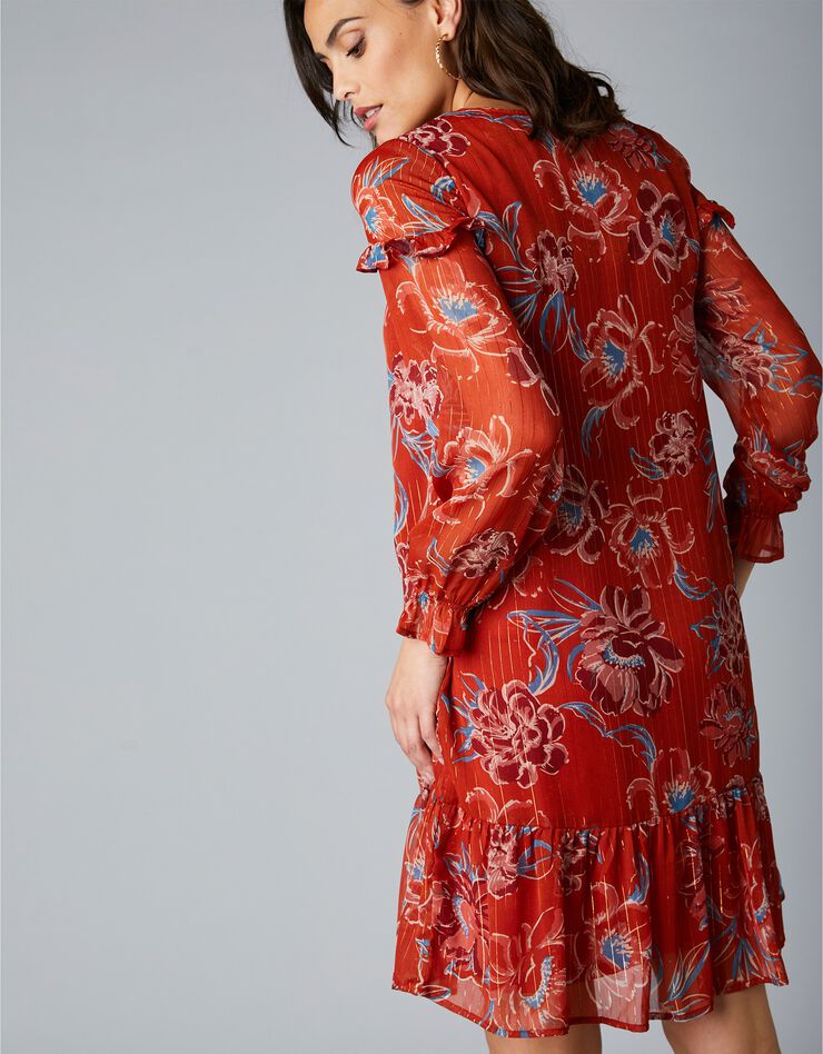 Robe évasée en voile fleuri, rayures dorées (rouille) Robe évasée en voile fleuri, rayures dorées (rouille)