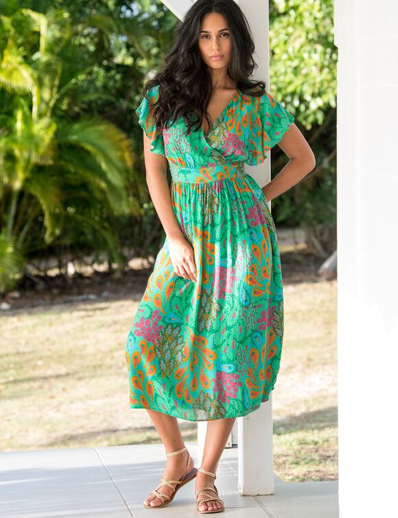 Robe volantée cache-coeur imprimée, crépon (vert / turquoise)