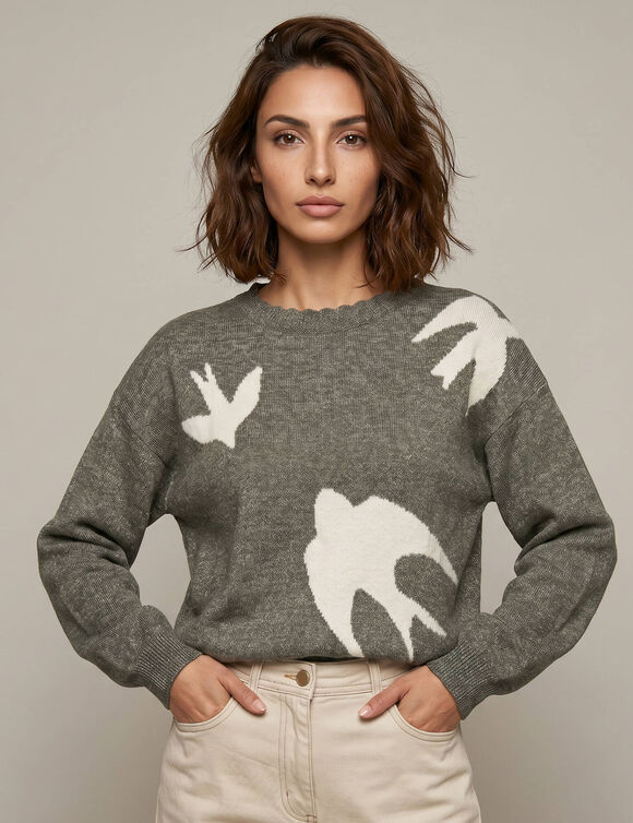 Pull col rond manches longues, jacquard motif oiseaux, laine m&eacute;lang&eacute;e (kaki / &eacute;cru)