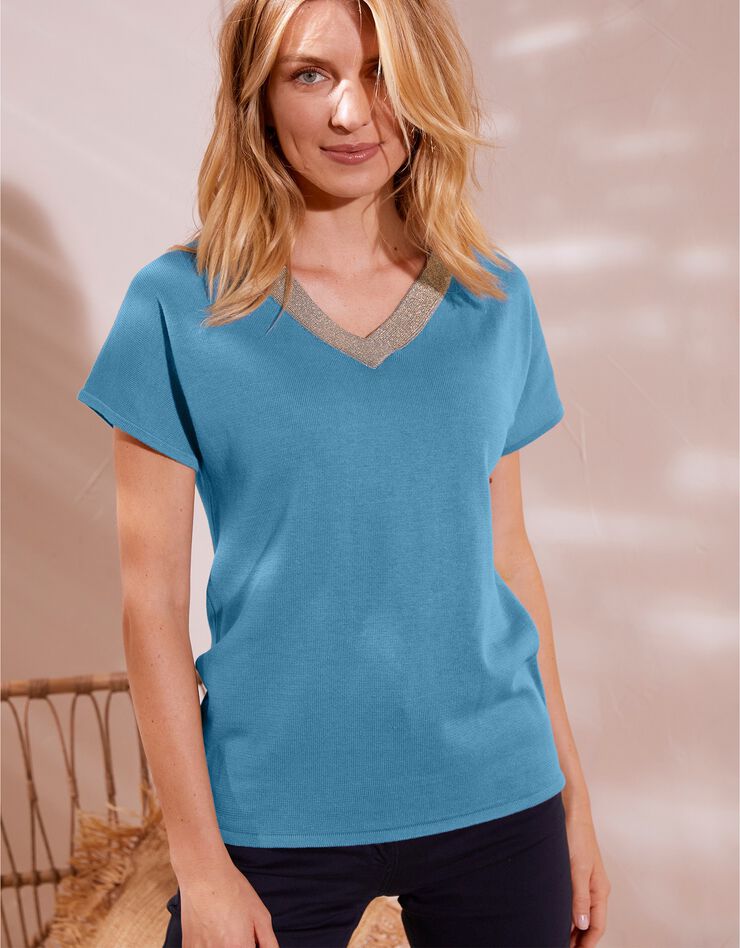 Pull col V manches courtes fils brillants (bleu grisé) Pull col V manches courtes fils brillants (bleu grisé)