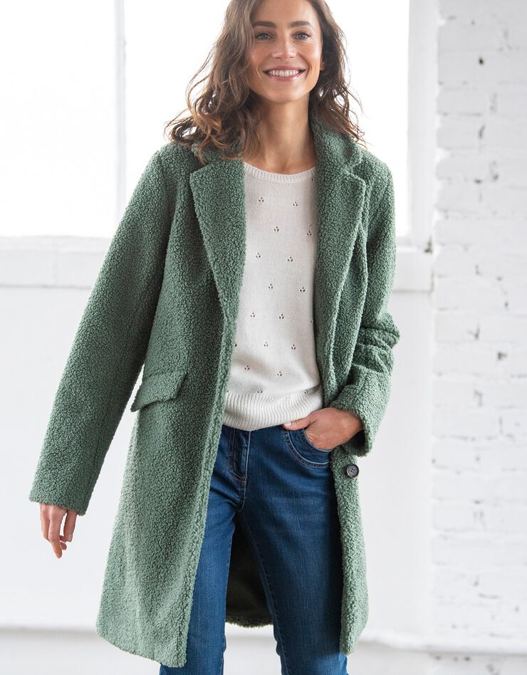 Manteau maille bouclette col tailleur (vert grisé)