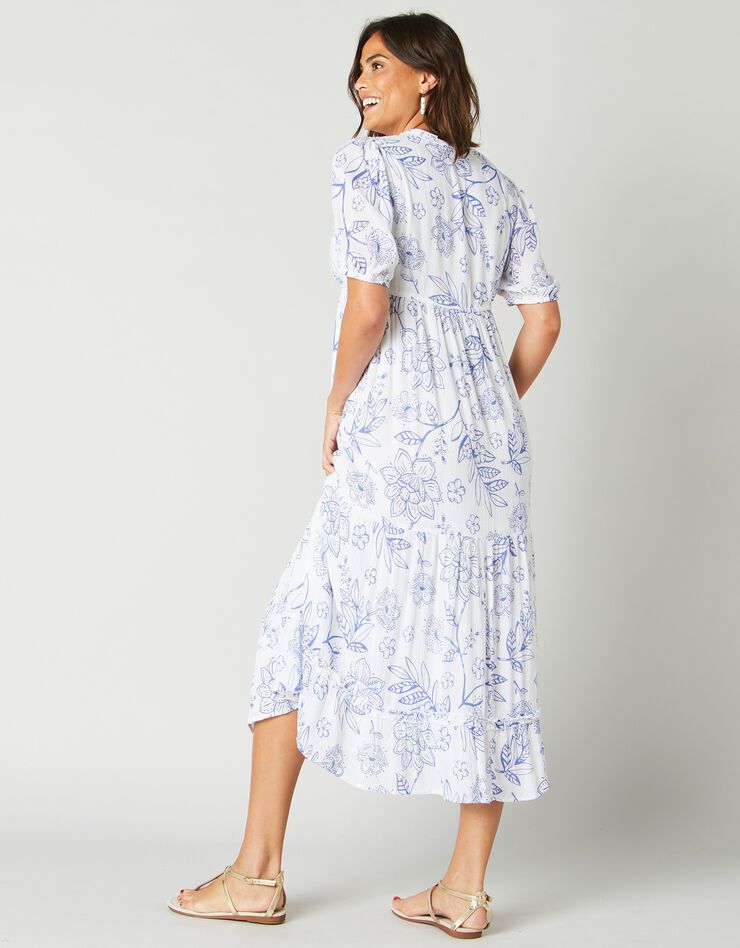 Robe longue volantée imprimée (blanc / bleu)
