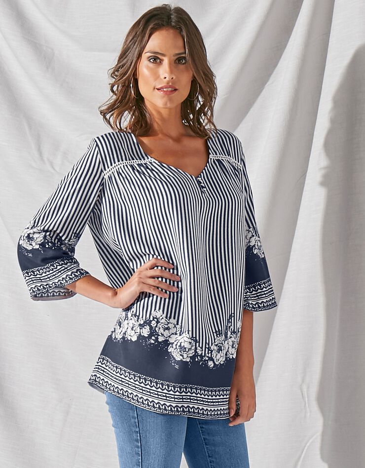 Blouse ample imprimée manches 3/4 pagodes (indigo / écru) Blouse ample imprimée manches 3/4 pagodes (indigo / écru)