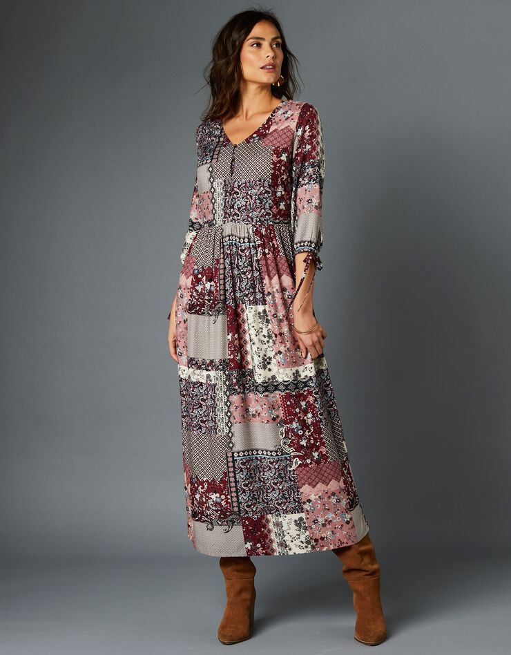 Robe longue imprimé patchwork col V (bois de rose / gris) Robe longue imprimé patchwork col V (bois de rose / gris)