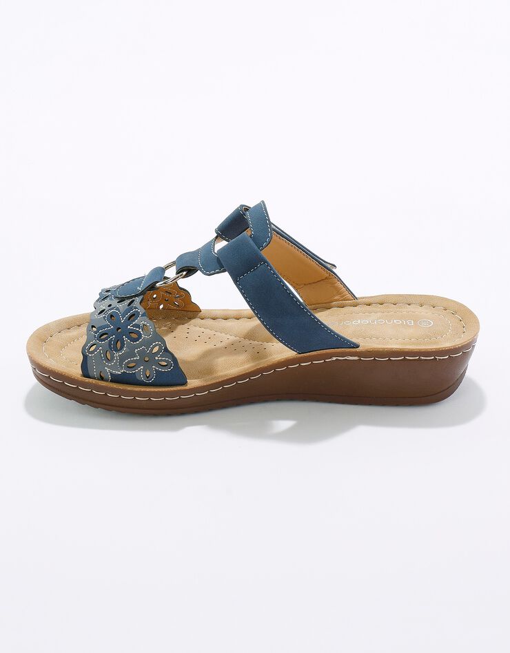 Mules confort compensées effet bois à bride scratchée (bleu) Mules confort compensées effet bois à bride scratchée (bleu)