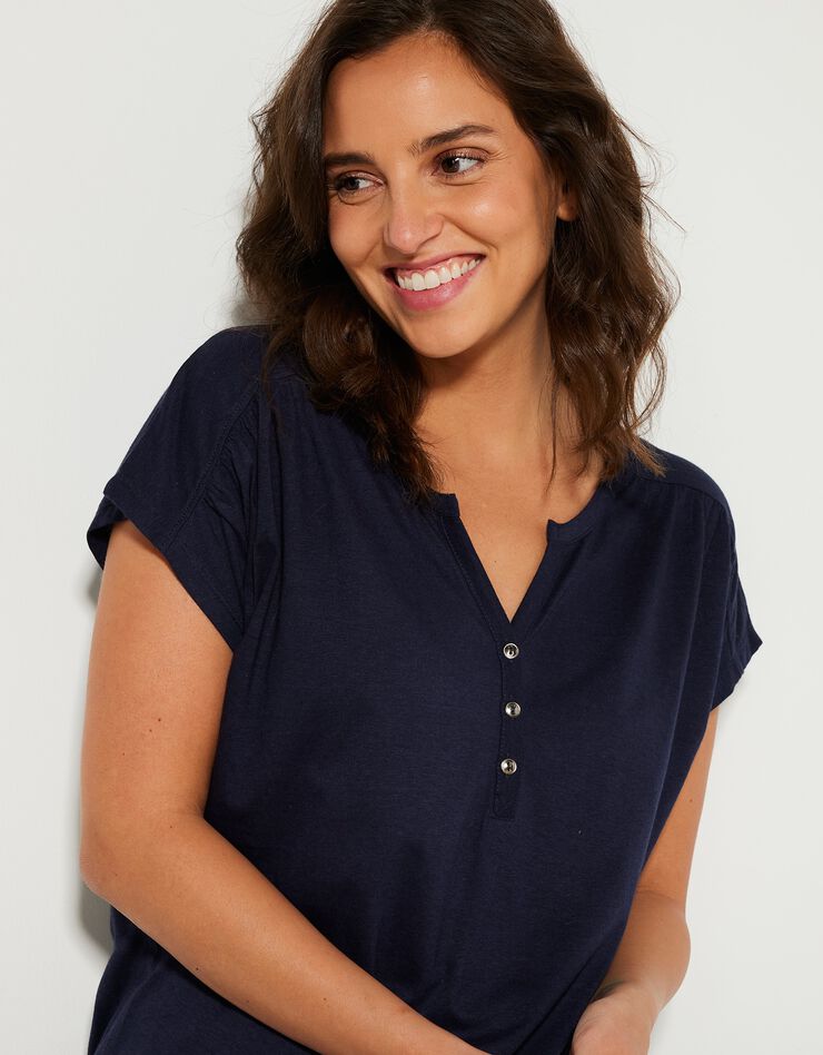 Tee-shirt col tunisien manches courtes, uni (marine) Tee-shirt col tunisien manches courtes, uni (marine)