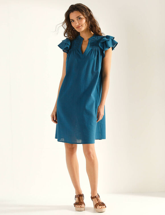 Robe courte, d&eacute;tails broderie anglaise (bleu canard)