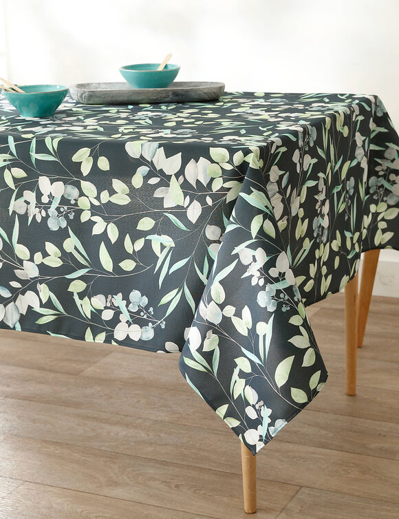 Nappe polyester imprimé feuilles (bleu)