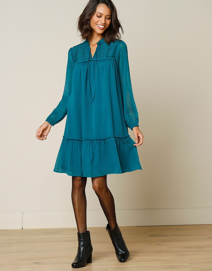 Robe courte volantée en voile plumetis (bleu paon) Robe courte volantée en voile plumetis (bleu paon)