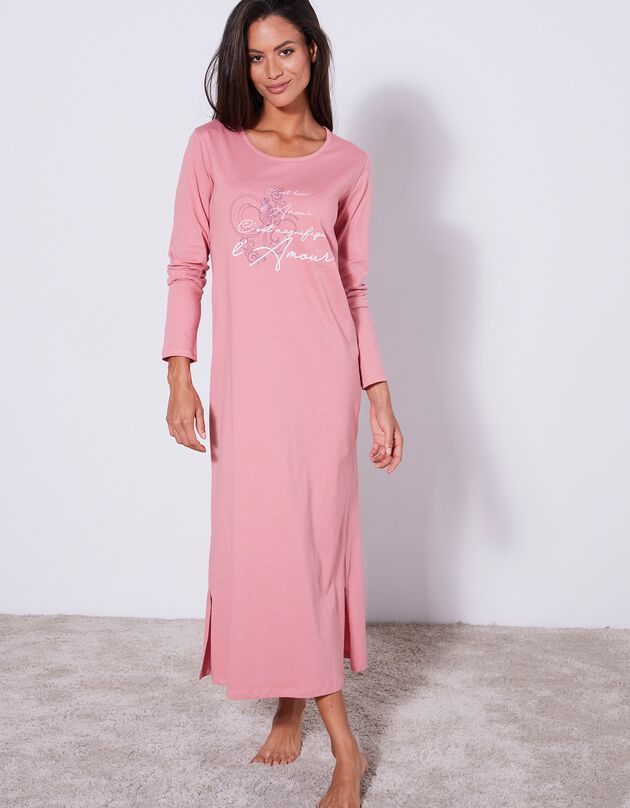 Chemise de nuit longue manches longues imprimée « c’est magnifique l’Amour » (rose foncé)