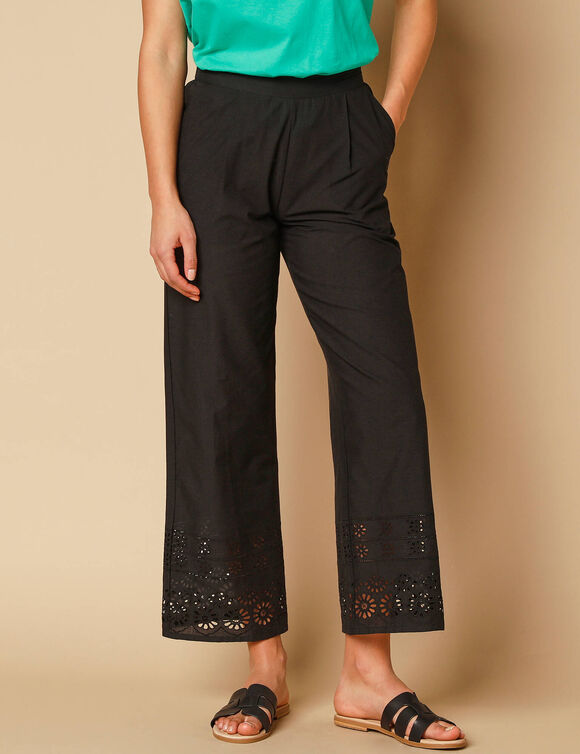 Pantalon large 7/8ème, broderie anglaise (noir)