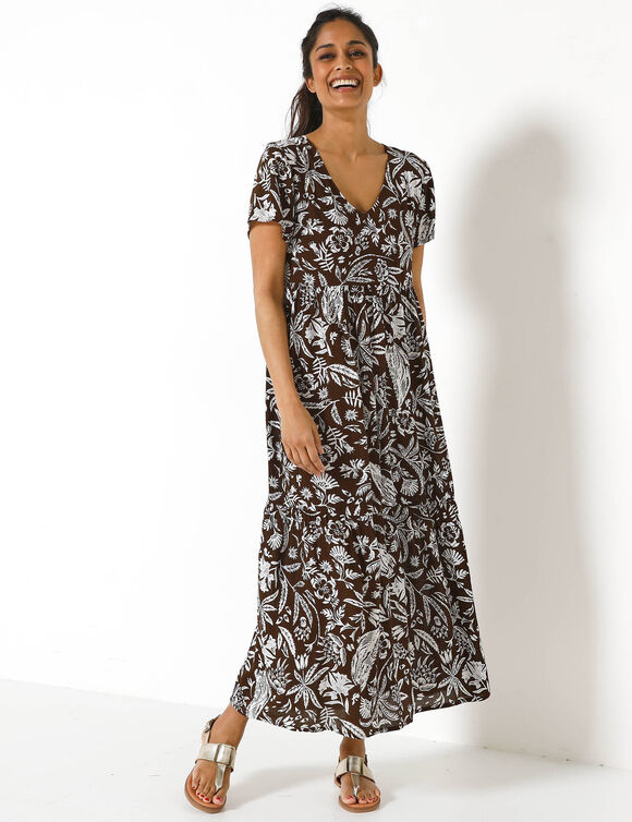 Robe longue imprim&eacute;e col V, cr&eacute;pon (chocolat / blanc)