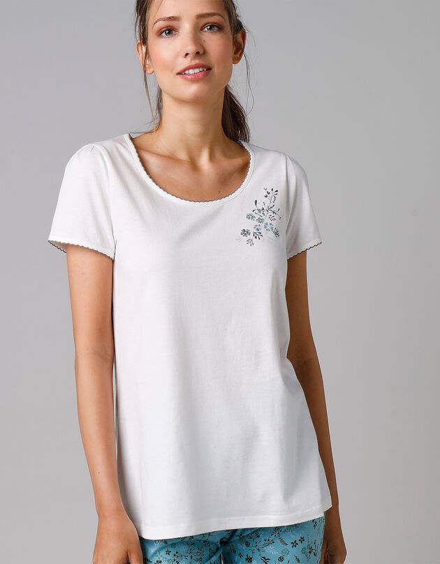 Tee-shirt de pyjama manches courtes imprimé placé fleurs (écru)