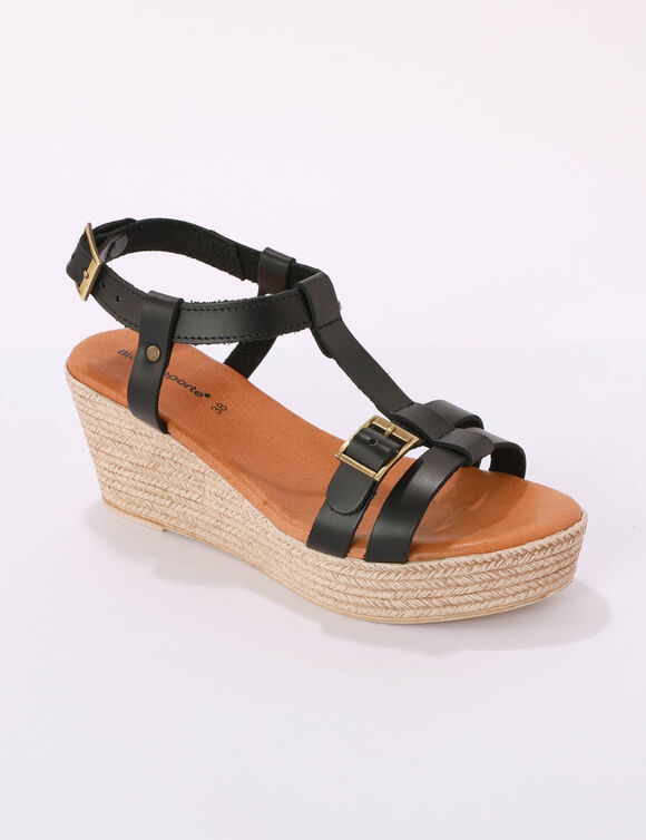 Sandales compens&eacute;es en cuir (noir)
