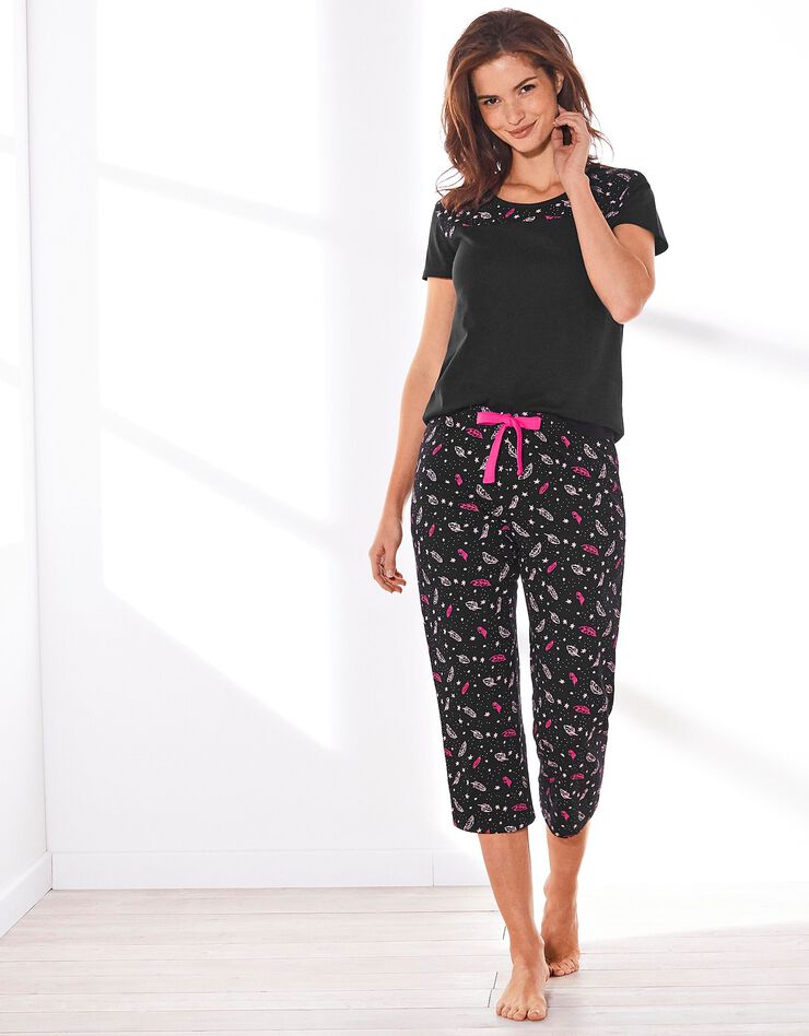 Pantacourt pyjama imprimé "plumes" (noir) Pantacourt pyjama imprimé "plumes" (noir)