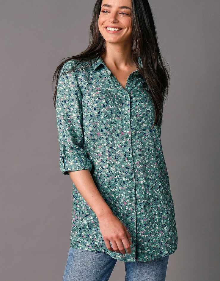 Chemise liquette boutonnée imprimé fleuri, crêpe (vert / violine) Chemise liquette boutonnée imprimé fleuri, crêpe (vert / violine)