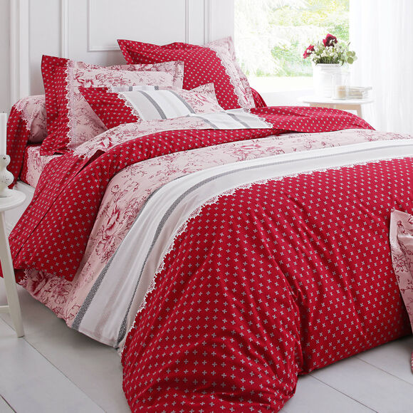 Linge de lit Gabrielle flanelle, imprimé fleurs et dentelle (rouge)