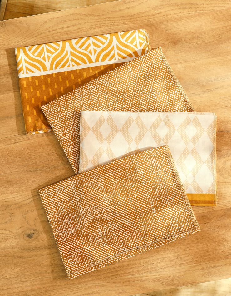 Tissu cadeau furoshiki imprimé taille S, lot de 4 - collection upcycling (blanc / jaune) Tissu cadeau furoshiki imprimé taille S, lot de 4 - collection upcycling (blanc / jaune)