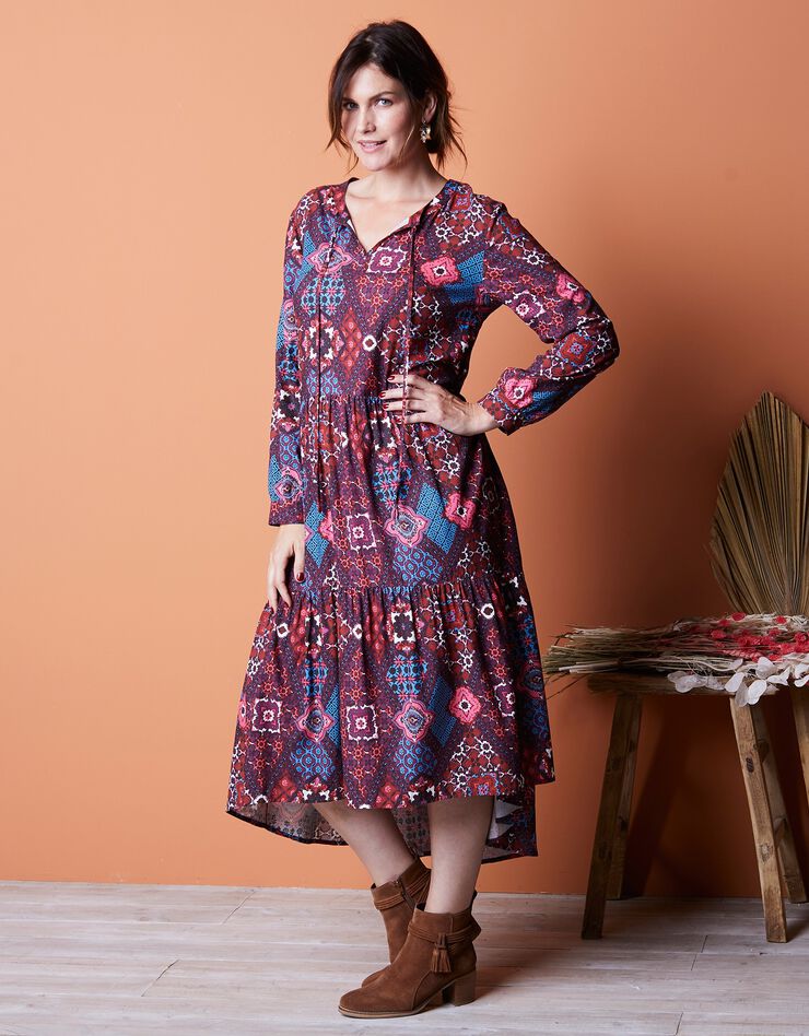 Robe longue imprimé patchwork – manches longues (terracotta / bleu) Robe longue imprimé patchwork – manches longues (terracotta / bleu)