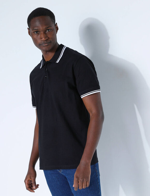Polo uni maille piquée manches courtes (noir)