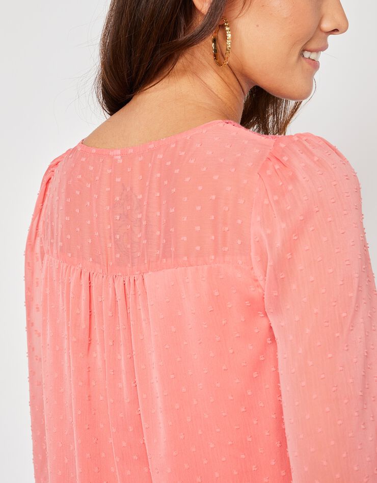 Blouse macramé unie, voile plumetis (corail) Blouse macramé unie, voile plumetis (corail)