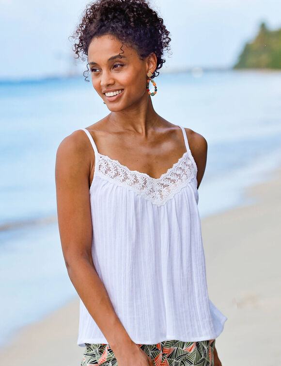 Top macramé col V, bretelles réglables (blanc)