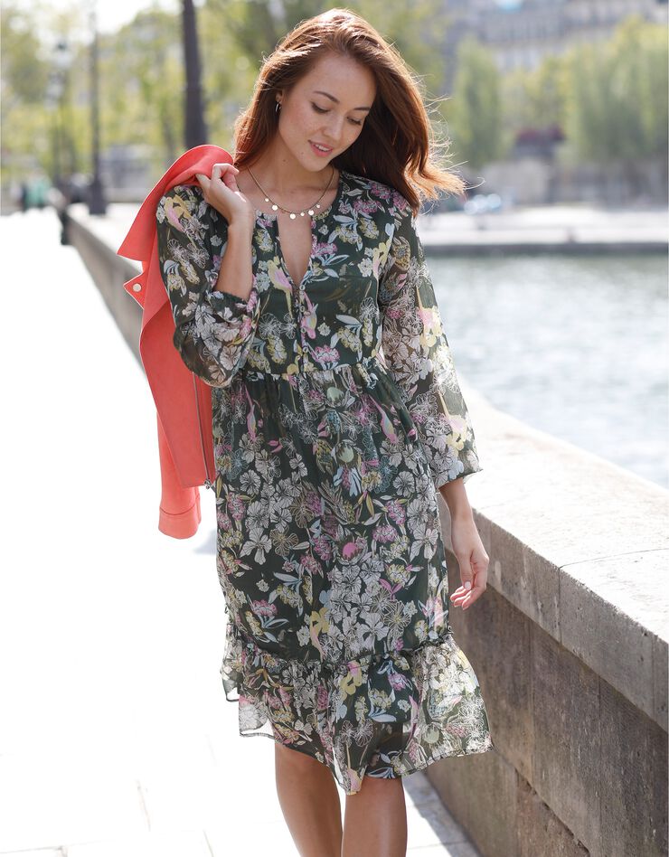 Robe voile imprimé floral  (kaki)
