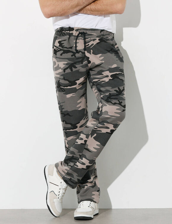Pantalon jogging molleton bas droits (gris camouflage)