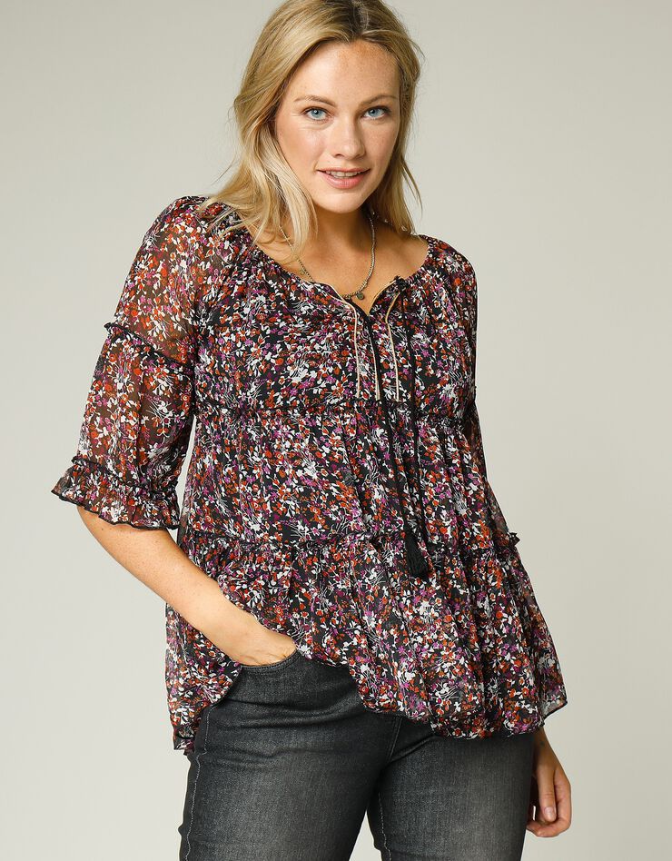 Blouse évasée voile imprimé (noir / cuivre) Blouse évasée voile imprimé (noir / cuivre)