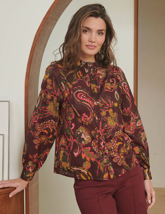 Chemisier coton, imprim&eacute; fleurs indiennes (bordeaux / rose)