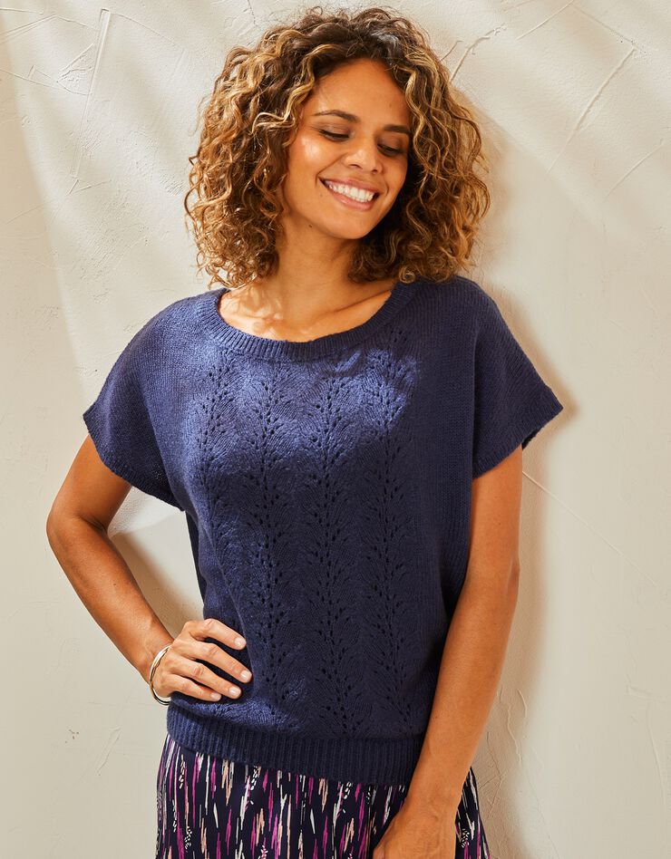Pull manches courtes, maille ajourée toucher mohair (marine) Pull manches courtes, maille ajourée toucher mohair (marine)