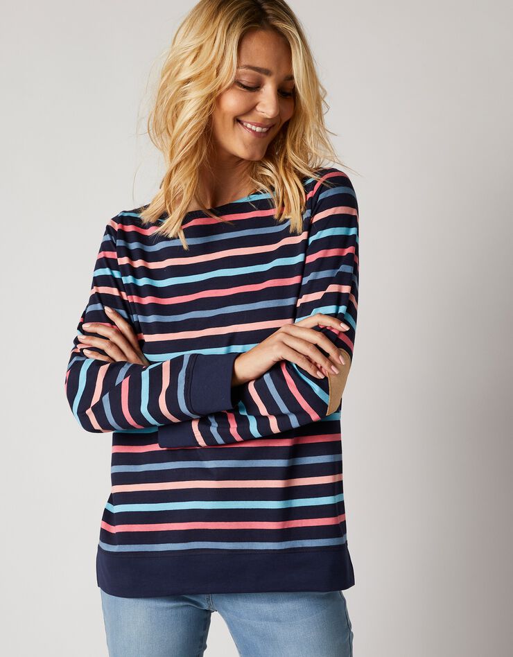 Tee-shirt marinière rayé coudières coeur, fils tissés-teints (marine / multicolore) Tee-shirt marinière rayé coudières coeur, fils tissés-teints (marine / multicolore)