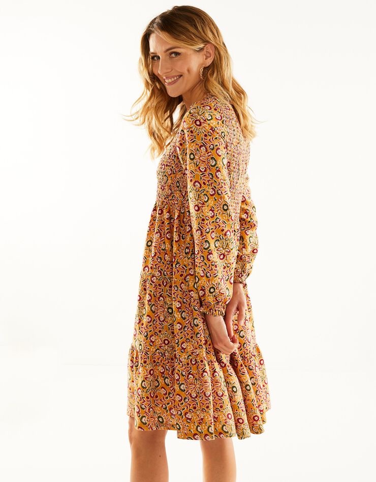 Robe smockée manches longues imprimé fleuri (miel / bronze)