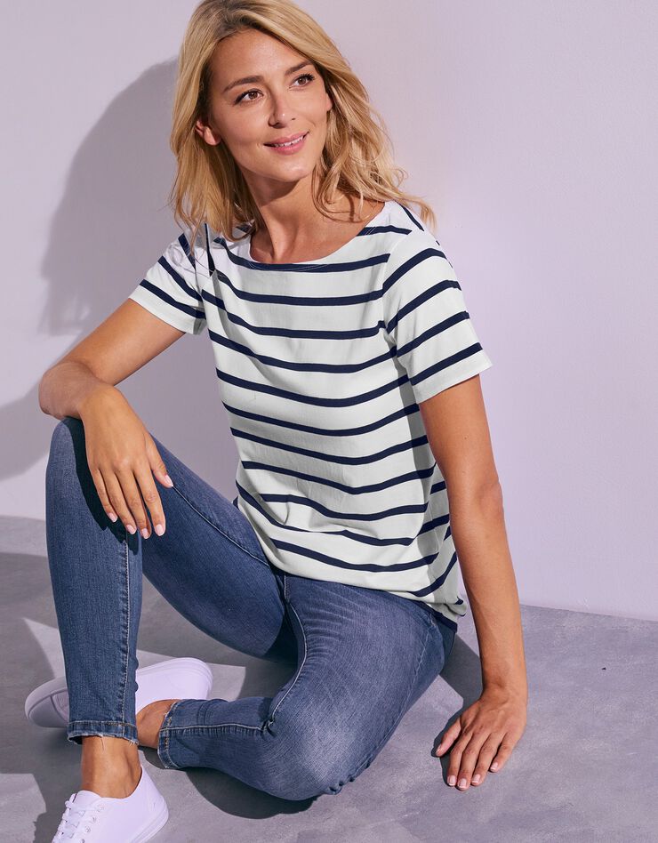 Tee-shirt marinière, manches courtes (blanc / marine) Tee-shirt marinière, manches courtes (blanc / marine)